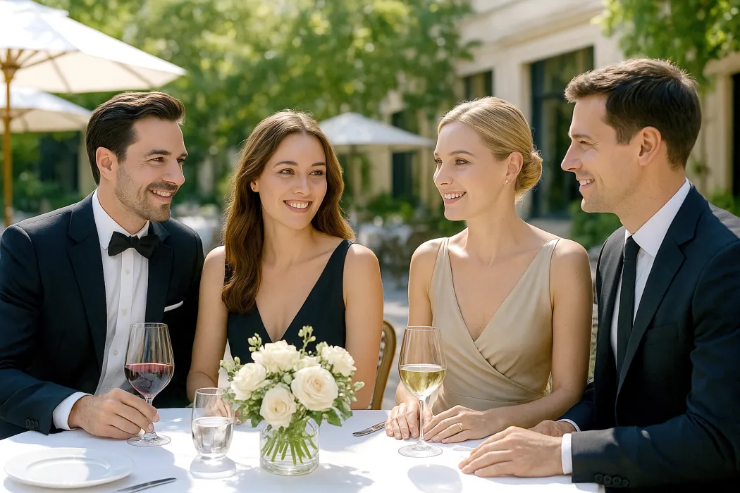 Freunde beim Essen im Gastgarten